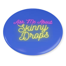 Load image into Gallery viewer, Partner.Co | Ask Me About Skinny Drops Yellow Neon Logo Royal Blue | Button Pins