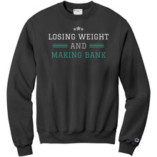Load image into Gallery viewer, Partner.Co | Losing Weight and Making Bank Green Man Logo Back / Ask Me How with Skinny Drops Women Logo| Sweatshirt
