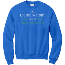 Load image into Gallery viewer, Partner.Co | Losing Weight and Making Bank Green Man Logo Back / Ask Me How with Skinny Drops Women Logo| Sweatshirt