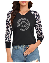 Load image into Gallery viewer, Partner.co Bling | Circle Logo Cheetah | BLING Women's 3/4 Sleeve Sleeve Cheetah Shirt
