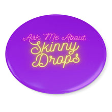 Load image into Gallery viewer, Partner.Co | Ask Me About Skinny Drops Neon Yellow Logo Purple | Button Pins
