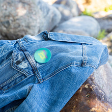 Load image into Gallery viewer, Partner.Co | Ask Me About Skinny Drops Neon Yellow Logo Turquoise | Button Pins
