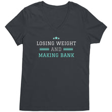 Load image into Gallery viewer, Partner.Co | Losing Weight and Making Bank Green Man Logo Back / Ask Me How with Skinny Drops Women Logo| Women&#39;s V-Neck
