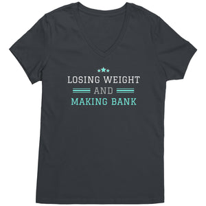 Partner.Co | Losing Weight and Making Bank Green Man Logo Back / Ask Me How with Skinny Drops Women Logo| Women's V-Neck