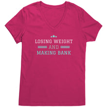 Load image into Gallery viewer, Partner.Co | Losing Weight and Making Bank Green Man Logo Back / Ask Me How with Skinny Drops Women Logo| Women&#39;s V-Neck
