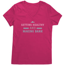 Load image into Gallery viewer, Partner.Co | Getting Healthy and Making Bank / Ask Me How  lt green Woman logo| Women&#39;s V-Neck
