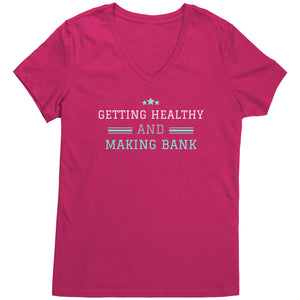 Partner.Co | Getting Healthy and Making Bank / Ask Me How  lt green Woman logo| Women's V-Neck