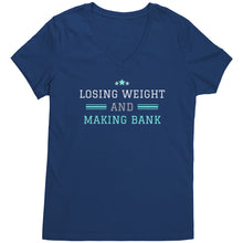 Load image into Gallery viewer, Partner.Co | Losing Weight and Making Bank Green Man Logo Back / Ask Me How with Skinny Drops Women Logo| Women&#39;s V-Neck
