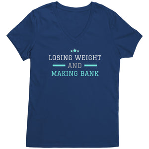 Partner.Co | Losing Weight and Making Bank Green Man Logo Back / Ask Me How with Skinny Drops Women Logo| Women's V-Neck