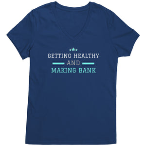 Partner.Co | Getting Healthy and Making Bank / Ask Me How  lt green Woman logo| Women's V-Neck