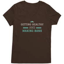 Load image into Gallery viewer, Partner.Co | Getting Healthy and Making Bank / Ask Me How  lt green Woman logo| Women&#39;s V-Neck
