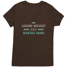 Load image into Gallery viewer, Partner.Co | Losing Weight and Making Bank Green Man Logo Back / Ask Me How with Skinny Drops Women Logo| Women&#39;s V-Neck
