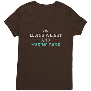 Partner.Co | Losing Weight and Making Bank Green Man Logo Back / Ask Me How with Skinny Drops Women Logo| Women's V-Neck