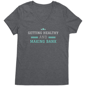 Partner.Co | Getting Healthy and Making Bank / Ask Me How  lt green Woman logo| Women's V-Neck