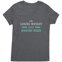 Load image into Gallery viewer, Partner.Co | Losing Weight and Making Bank Green Man Logo Back / Ask Me How with Skinny Drops Women Logo| Women&#39;s V-Neck
