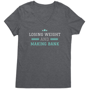 Partner.Co | Losing Weight and Making Bank Green Man Logo Back / Ask Me How with Skinny Drops Women Logo| Women's V-Neck