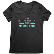 Load image into Gallery viewer, Partner.Co | Getting Healthy and Making Bank / Ask Me How  lt green Woman logo| Women&#39;s V-Neck
