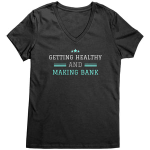 Partner.Co | Getting Healthy and Making Bank / Ask Me How  lt green Woman logo| Women's V-Neck