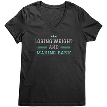 Load image into Gallery viewer, Partner.Co | Losing Weight and Making Bank Green Man Logo Back / Ask Me How with Skinny Drops Women Logo| Women&#39;s V-Neck
