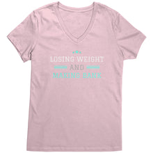 Load image into Gallery viewer, Partner.Co | Losing Weight and Making Bank Green Man Logo Back / Ask Me How with Skinny Drops Women Logo| Women&#39;s V-Neck

