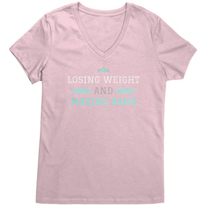 Partner.Co | Losing Weight and Making Bank Green Man Logo Back / Ask Me How with Skinny Drops Women Logo| Women's V-Neck