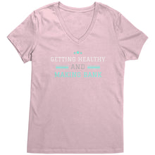 Load image into Gallery viewer, Partner.Co | Getting Healthy and Making Bank / Ask Me How  lt green Woman logo| Women&#39;s V-Neck
