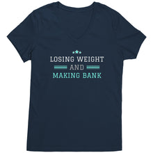 Load image into Gallery viewer, Partner.Co | Losing Weight and Making Bank Green Man Logo Back / Ask Me How with Skinny Drops Women Logo| Women&#39;s V-Neck
