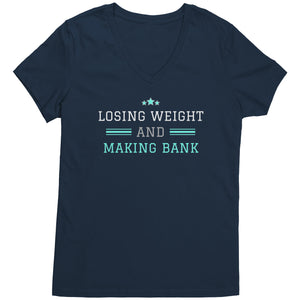 Partner.Co | Losing Weight and Making Bank Green Man Logo Back / Ask Me How with Skinny Drops Women Logo| Women's V-Neck