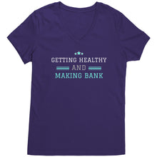 Load image into Gallery viewer, Partner.Co | Getting Healthy and Making Bank / Ask Me How  lt green Woman logo| Women&#39;s V-Neck
