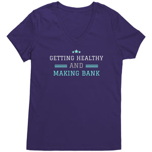 Partner.Co | Getting Healthy and Making Bank / Ask Me How  lt green Woman logo| Women's V-Neck