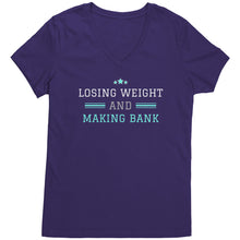 Load image into Gallery viewer, Partner.Co | Losing Weight and Making Bank Green Man Logo Back / Ask Me How with Skinny Drops Women Logo| Women&#39;s V-Neck
