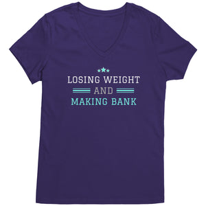 Partner.Co | Losing Weight and Making Bank Green Man Logo Back / Ask Me How with Skinny Drops Women Logo| Women's V-Neck