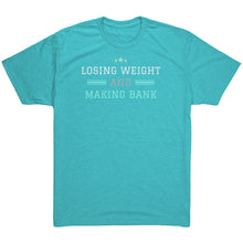 Load image into Gallery viewer, Partner.Co | Losing Weight and Making Bank Mint Logo Back / Ask Me How with Skinny Drops Woman Logo| Unisex Triblend Shirt
