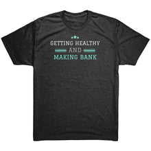 Load image into Gallery viewer, Partner.Co | Getting Healthy and Making Bank Mint Logo Back / Ask Me How with Skinny Drops Woman Logo| Unisex Triblend Shirt

