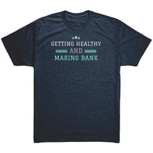 Load image into Gallery viewer, Partner.Co | Getting Healthy and Making Bank Mint Logo Back / Ask Me How with Skinny Drops Woman Logo| Unisex Triblend Shirt
