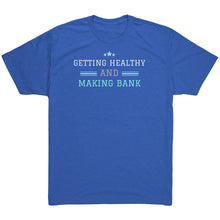 Load image into Gallery viewer, Partner.Co | Getting Healthy and Making Bank Mint Logo Back / Ask Me How with Skinny Drops Woman Logo| Unisex Triblend Shirt
