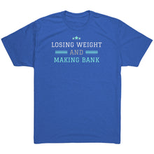 Load image into Gallery viewer, Partner.Co | Losing Weight and Making Bank Mint Logo Back / Ask Me How with Skinny Drops Woman Logo| Unisex Triblend Shirt
