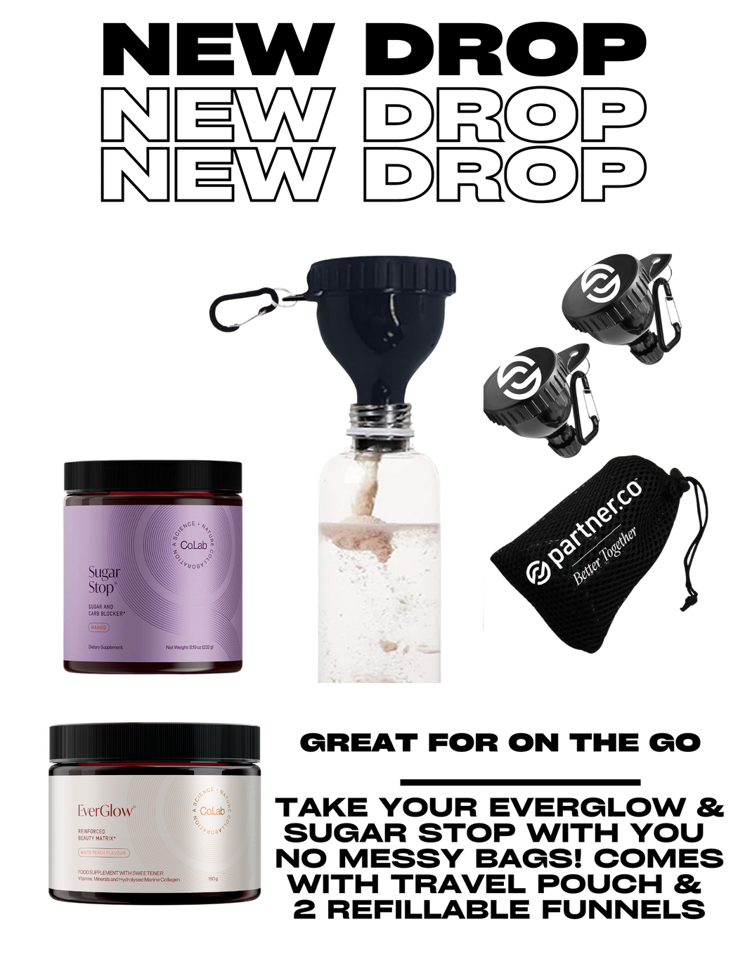 Partner.Co | White Circle Logo| Sugar Stop One the Go Single Serve Reusable Funnel Kit