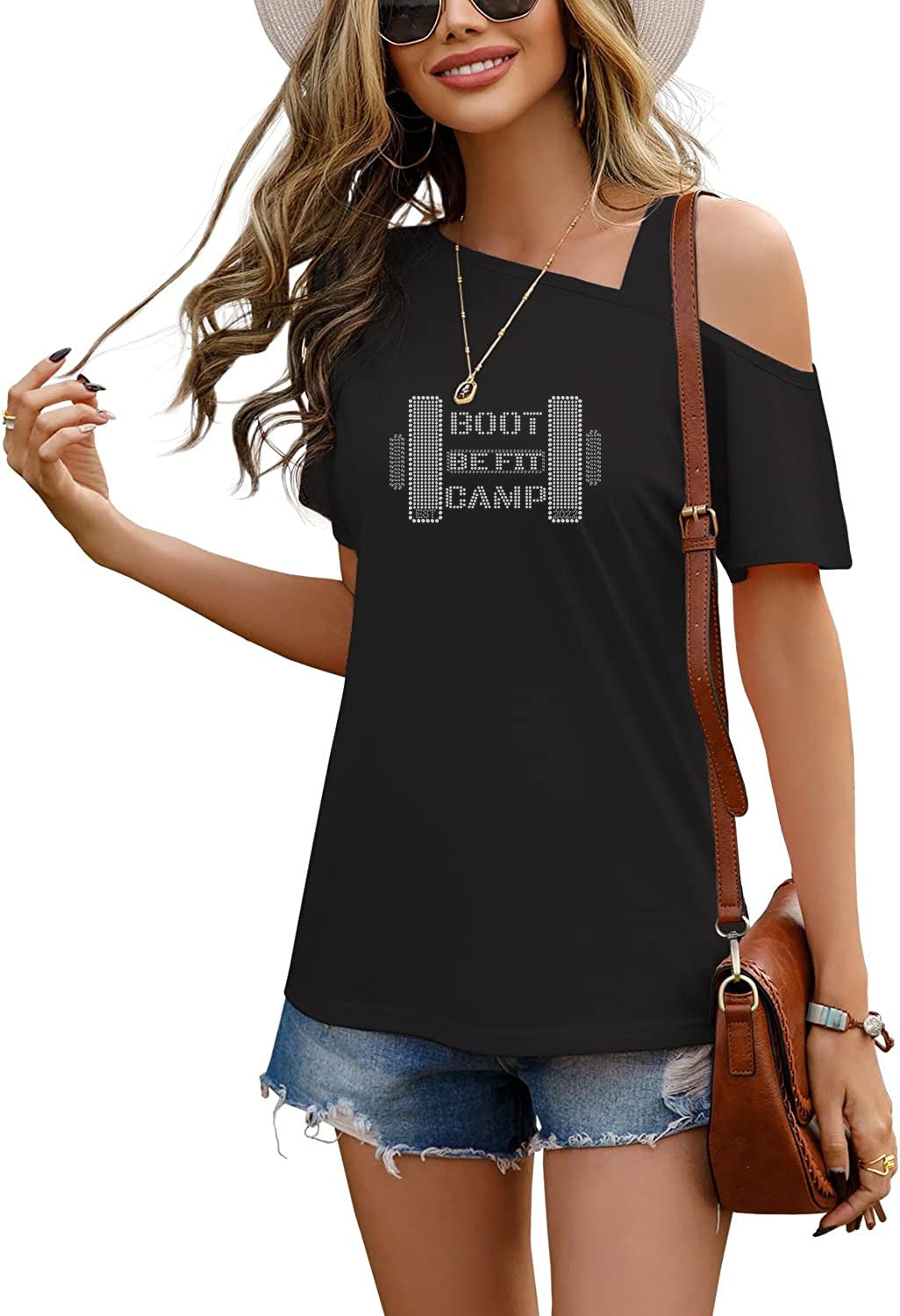 BE FIT BOOTCAMP | BLING BUSINESS CASUAL Women's Cold Shoulder Short Sleeve Top