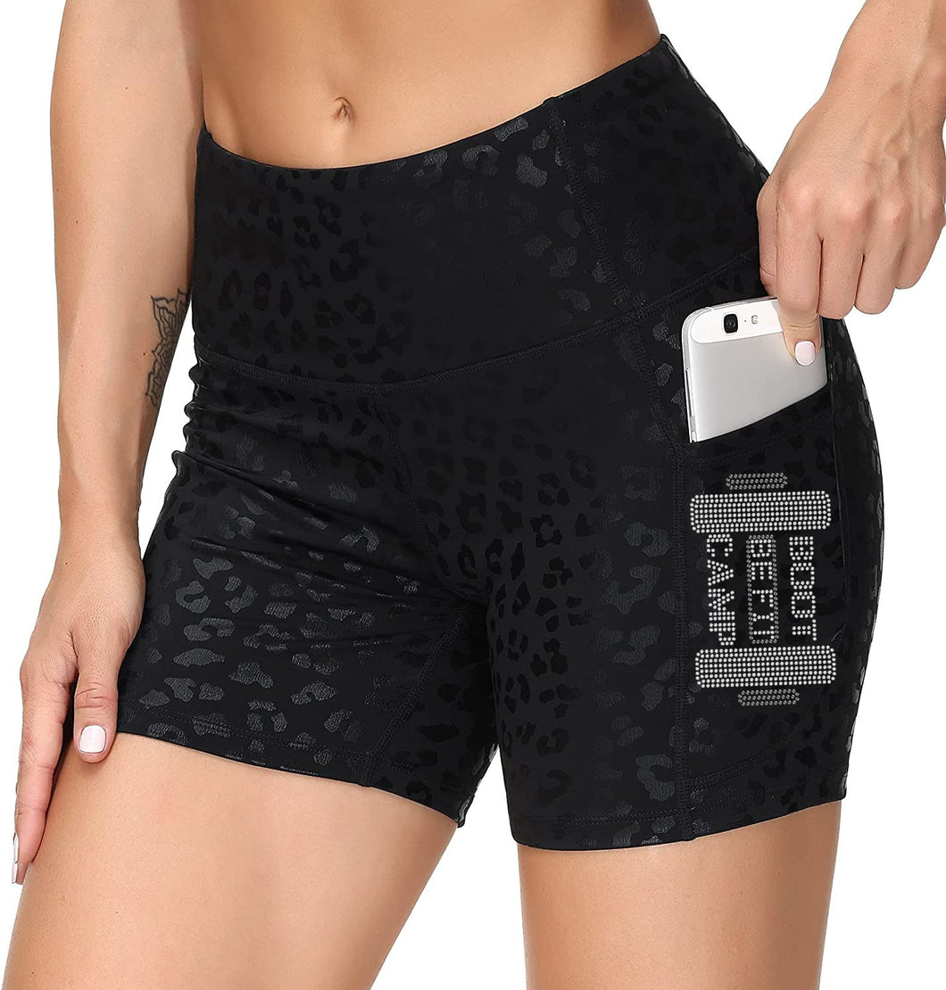 BE FIT BOOTCAMP | FUN FITNESS BLING Women's Yoga Tummy Control Yoga Short BLACK LEOPARD Collection