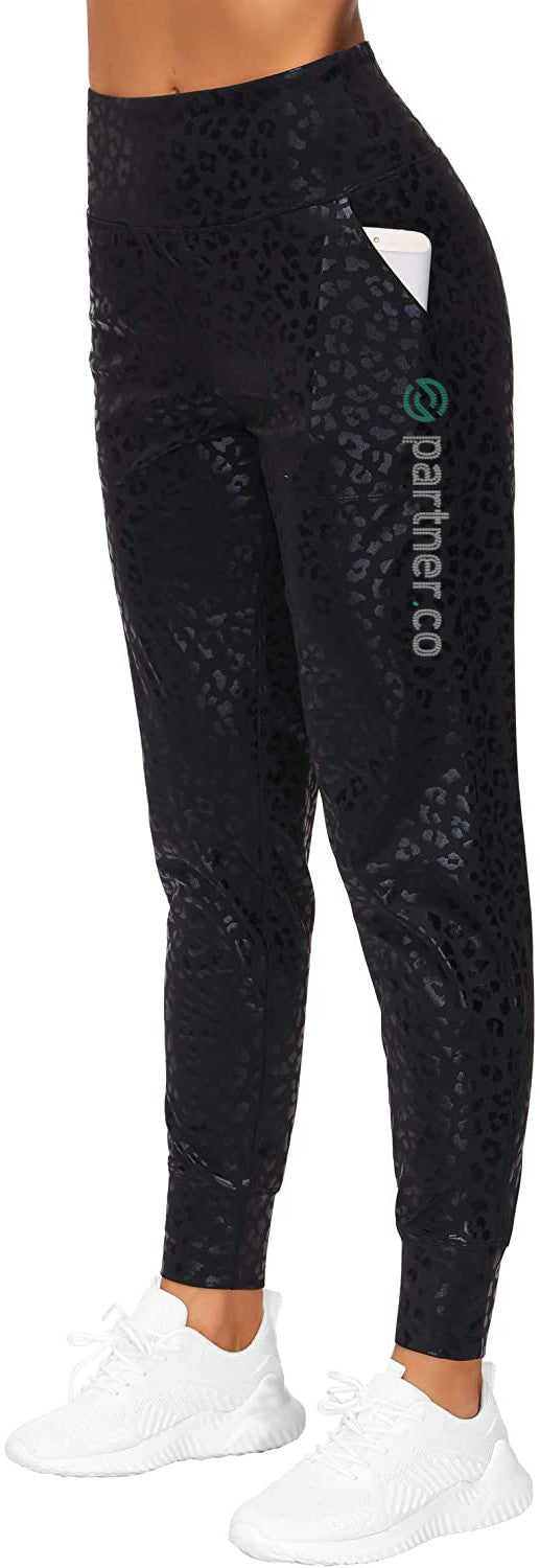 Partner.Co | FUN FITNESS BLING Women's Yoga Joggers BLACK LEOPARD Collection