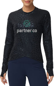 Partner.Co | FUN FITNESS BLING Women's Compression Long Sleeve Yoga Tee BLACK LEOPARD Collection
