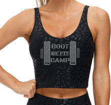 Load image into Gallery viewer, BE FIT BOOTCAMP | FUN FITNESS BLING Women&#39;s Longline Sports Bra BLACK LEOPARD Collection
