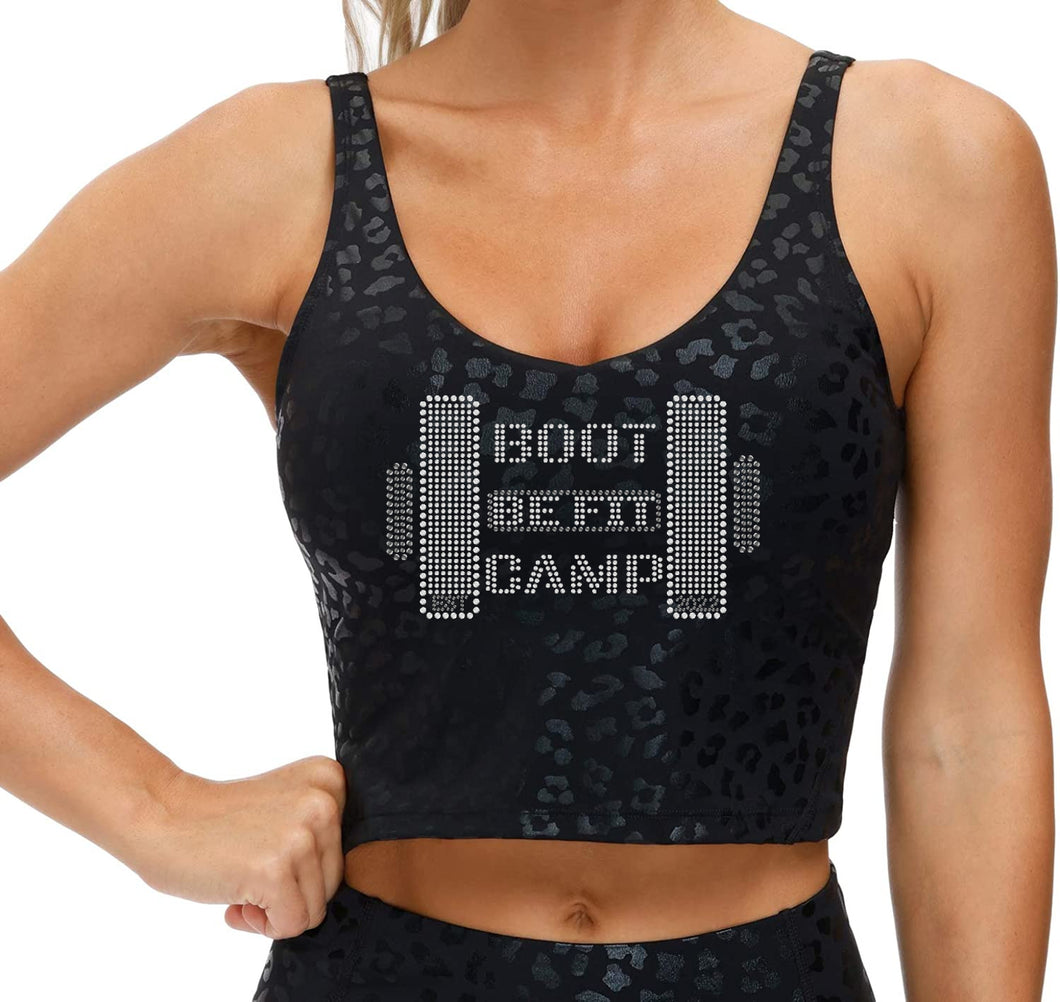 BE FIT BOOTCAMP | FUN FITNESS BLING Women's Longline Sports Bra BLACK LEOPARD Collection