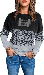 BE FIT BOOTCAMP | BLING BUSINESS CASUAL Collection Lightweight Long Sleeve Sweatshirt BLACK LEOPARD