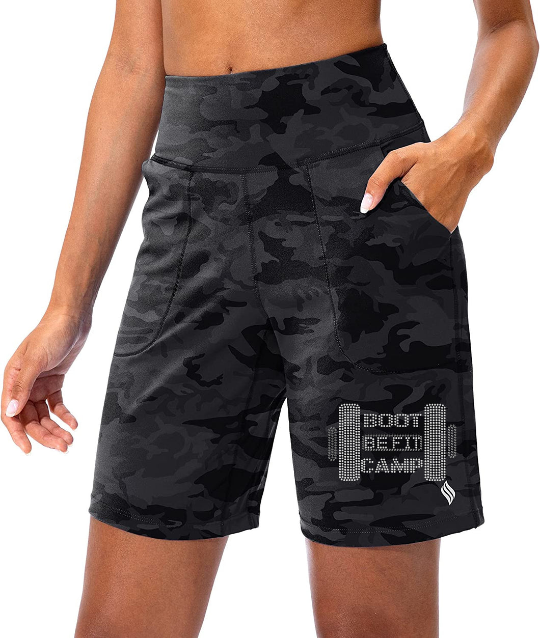 BE FIT BOOTCAMP | FUN FITNESS BLING Women's Tummy Control Bermuda Short BLACK CAMO Collection