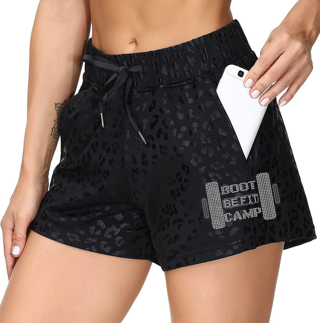 BE FIT BOOTCAMP | FUN FITNESS BLING Women's Yoga Bermuda or Running Short BLACK LEOPARD Collection