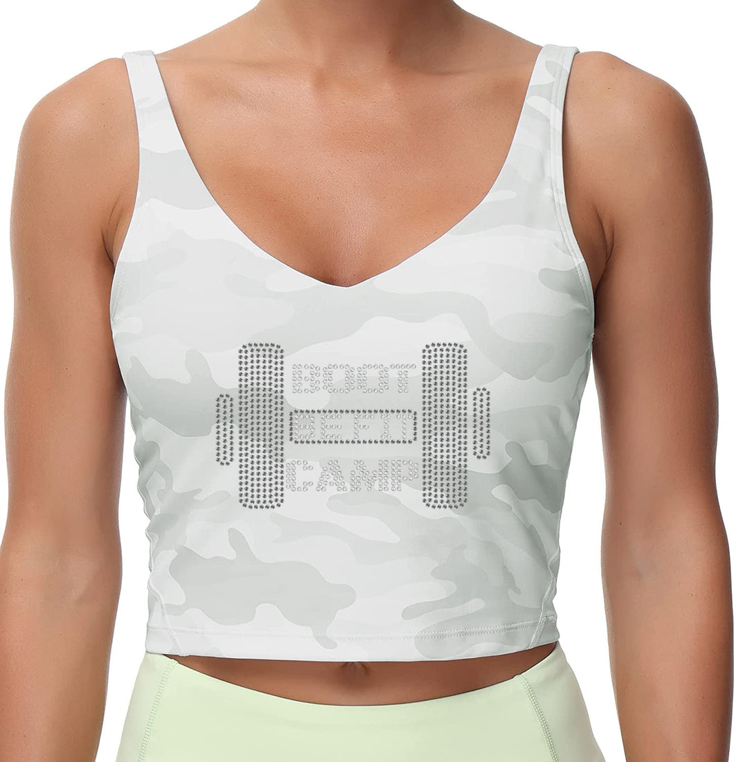 BE FIT BOOTCAMP | FUN FITNESS BLING Women's Longline Sports Bra WHITE CAMO Collection