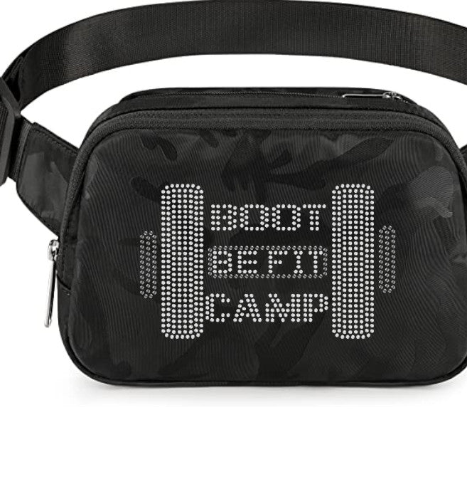 BE FIT BOOTCAMP | BLING FUN FITNESS Collection Belt Bag Fanny Pack BLACK CAMO